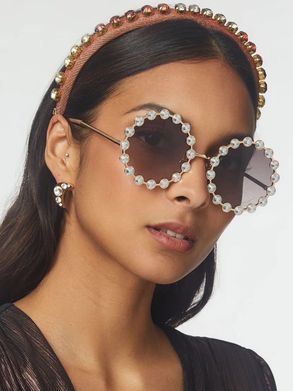 Lele Sadoughi Crystal-Embellished Round Sunglasses in Black PERFECT CONDITION